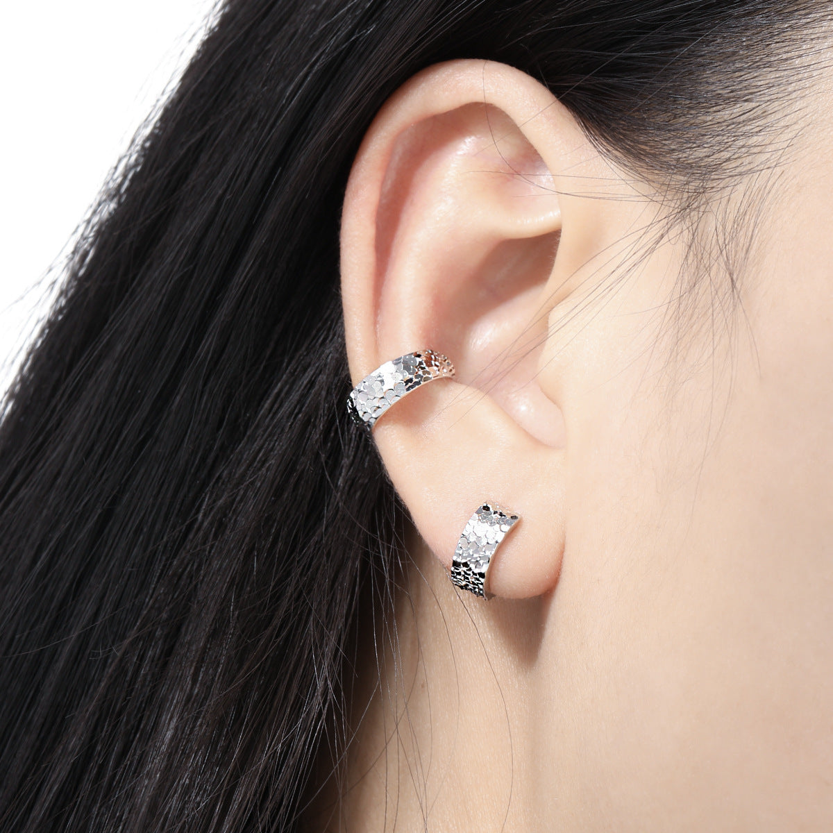 Office Mini Scale Carved 925 Sterling Silver Hoop Earrings