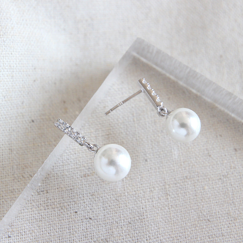 S925 pure silver simple micro inlaid diamond vertical diamond pearl women's earrings earrings student silver jewelry