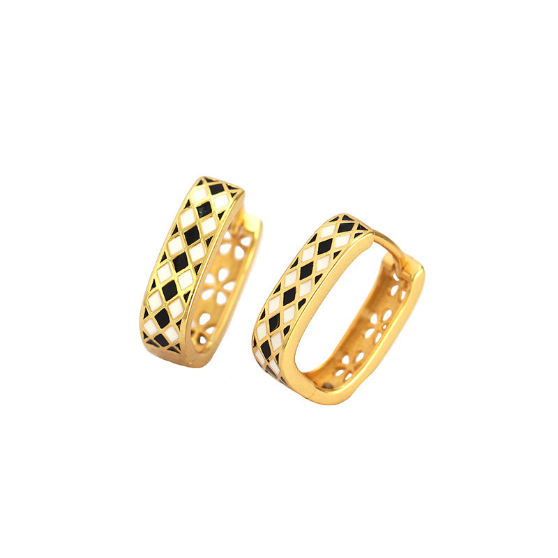 Modern Geometry Black & White Chess Board 925 Sterling Silver Huggie Hoop Earrings