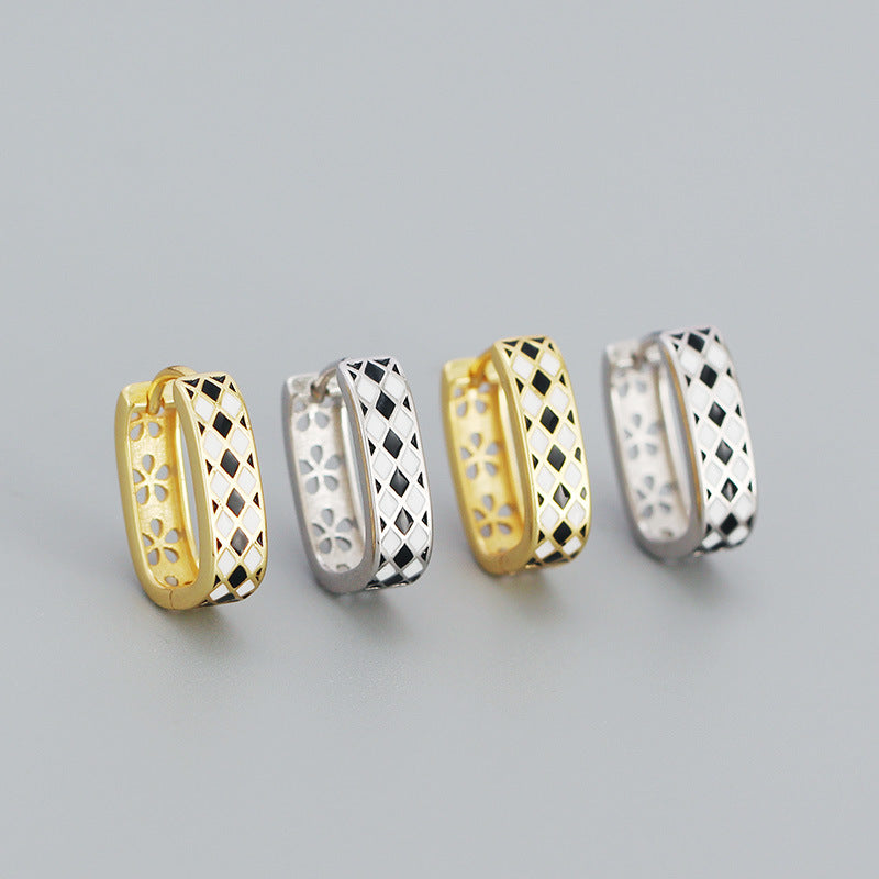 Modern Geometry Black & White Chess Board 925 Sterling Silver Huggie Hoop Earrings