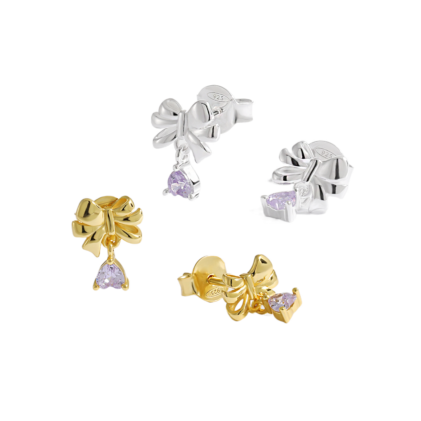 Sweet Bow-Knot with Heart CZ Drops 925 Sterling Silver Stud Earrings