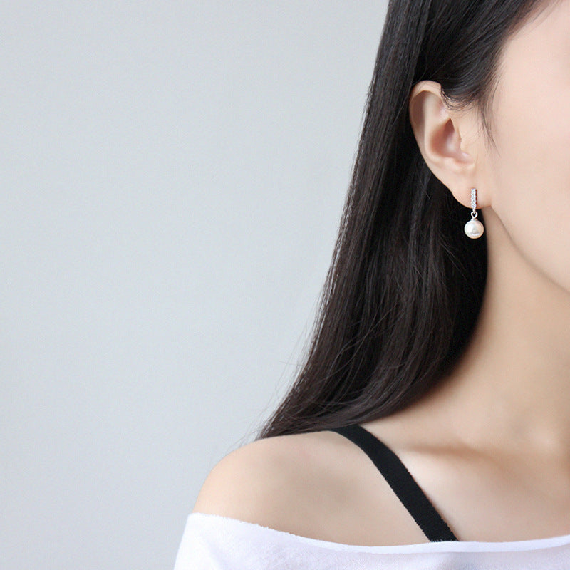 S925 pure silver simple micro inlaid diamond vertical diamond pearl women's earrings earrings student silver jewelry