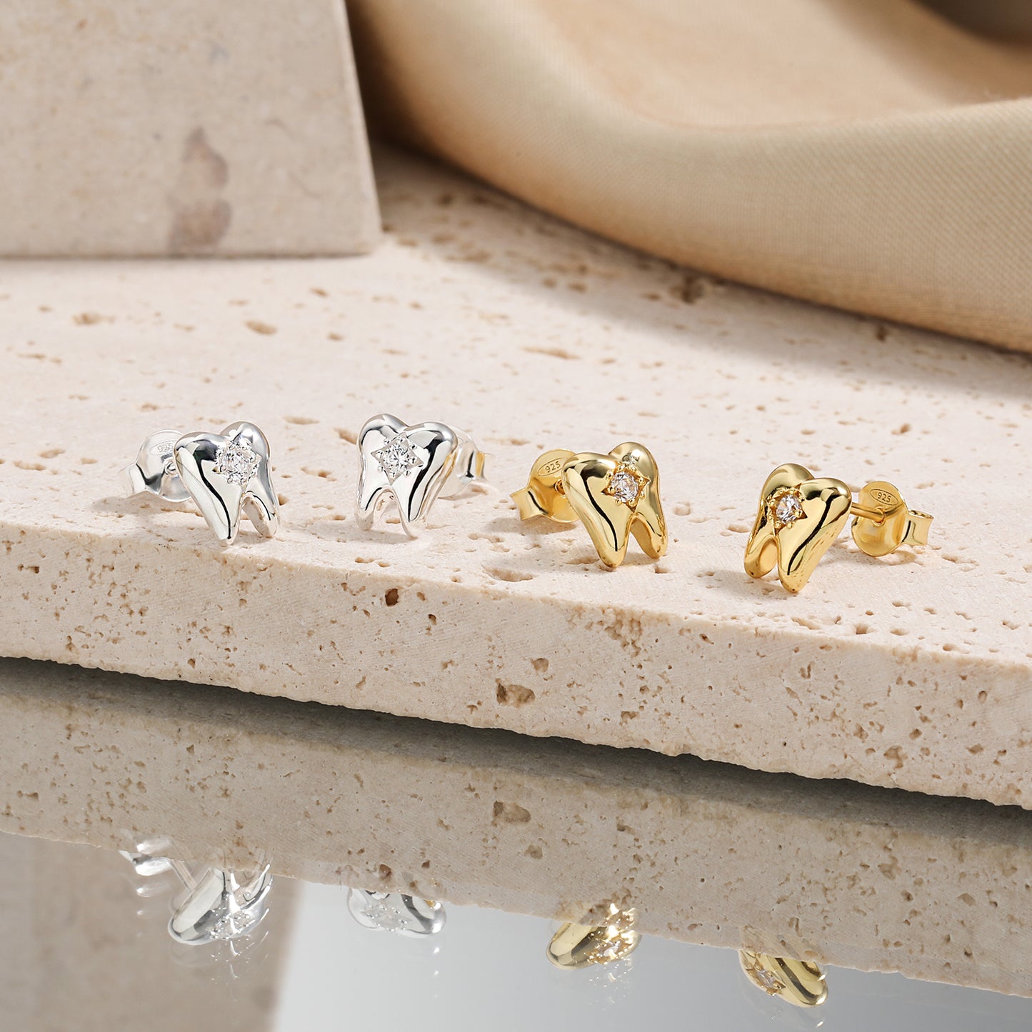 Modern CZ Fashion Tooth Shape 925 Sterling Silver Stud Earrings