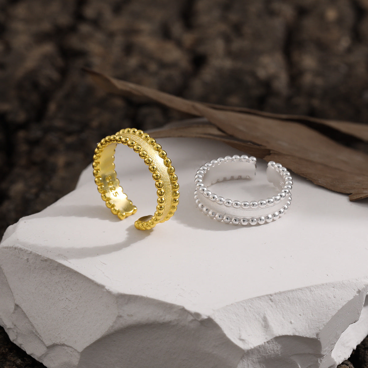 Casual Irrgular Beads Borders Wide 925 Sterling Silver Adjustable Ring
