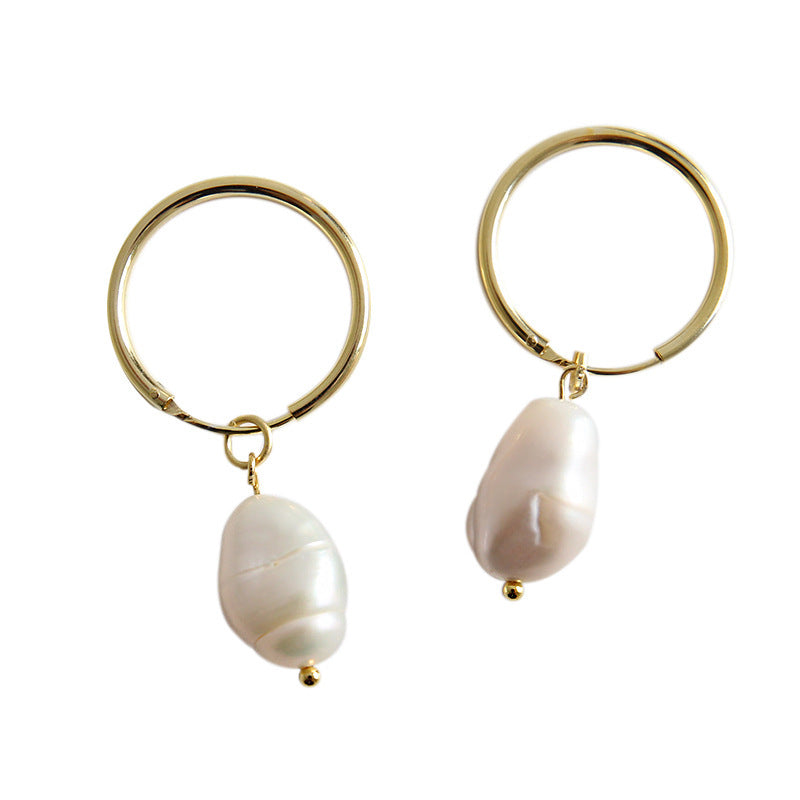 S925 pure silver INS simple temperament geometric Baroque freshwater pearl women's earrings