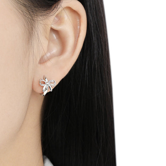 Sweet Hollow Bow-Knot 925 Sterling Silver Girl Hoop Earrings
