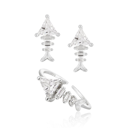 Fashion Irregular CZ Fishbone 925 Sterling Silver Adjustable Ring Stud Earrings