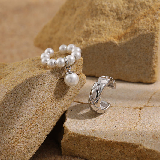 Women Elegant Quilting Pattern Shell Pearls 925 Sterling Silver Non-Pierced Earring(Single)