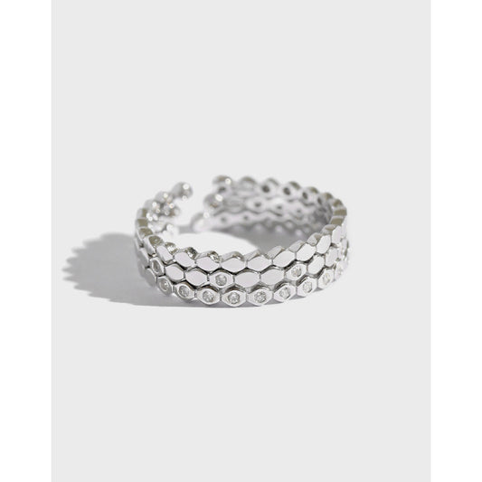 Modern Three CZ Hive 925 Sterling Silver Adjustable Stacker Ring