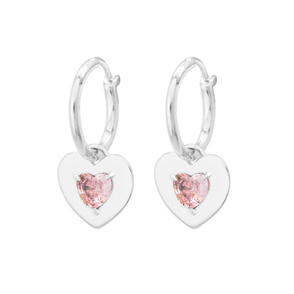 Mindful Two Sides wearing styles Pink CZ Heart Love 925 Sterling Silver Hoop Earrings