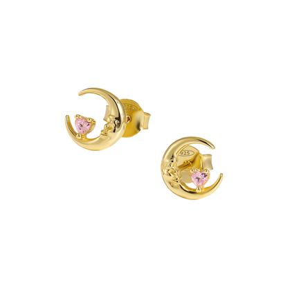 Fashion Pink Heart CZ Portrait Crescent Moon 925 Sterling Silver Stud Earrings