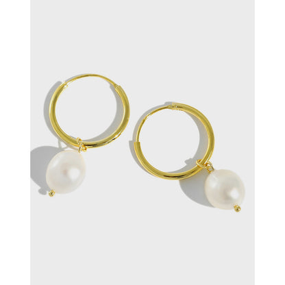 S925 pure silver INS simple temperament geometric Baroque freshwater pearl women's earrings