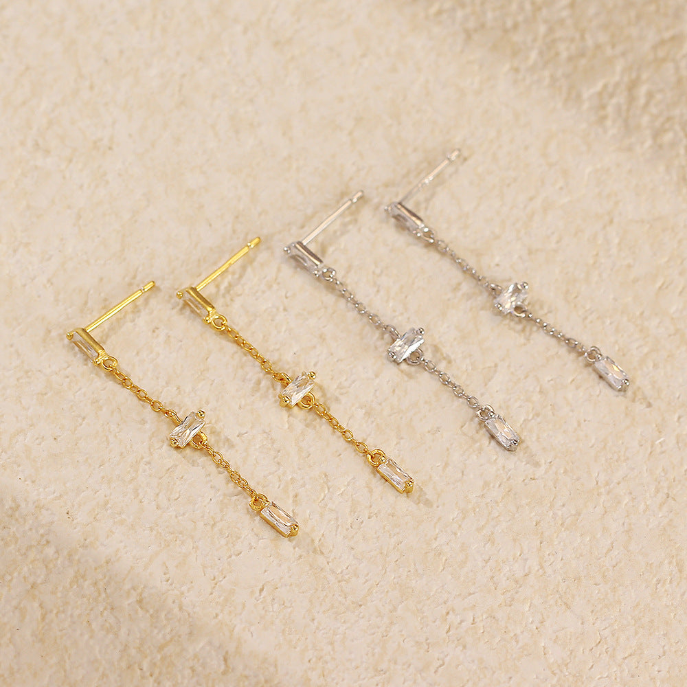 Lady Elegant Baguette CZ Tassels 925 Sterling Silver Dangling Earrings