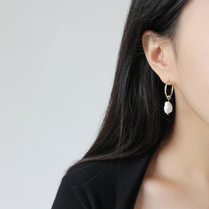 S925 pure silver INS simple temperament geometric Baroque freshwater pearl women's earrings
