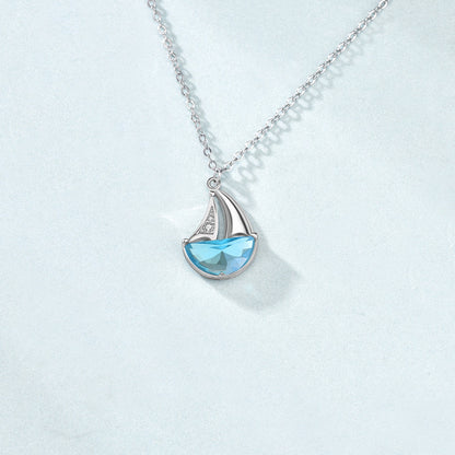 Casual Blue CZ Sailboat 925 Sterling Silver Necklace