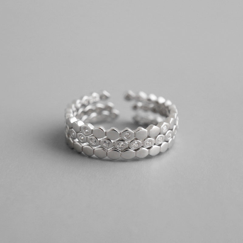 Modern Three CZ Hive 925 Sterling Silver Adjustable Stacker Ring