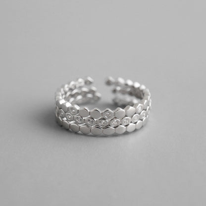 Modern Three CZ Hive 925 Sterling Silver Adjustable Stacker Ring