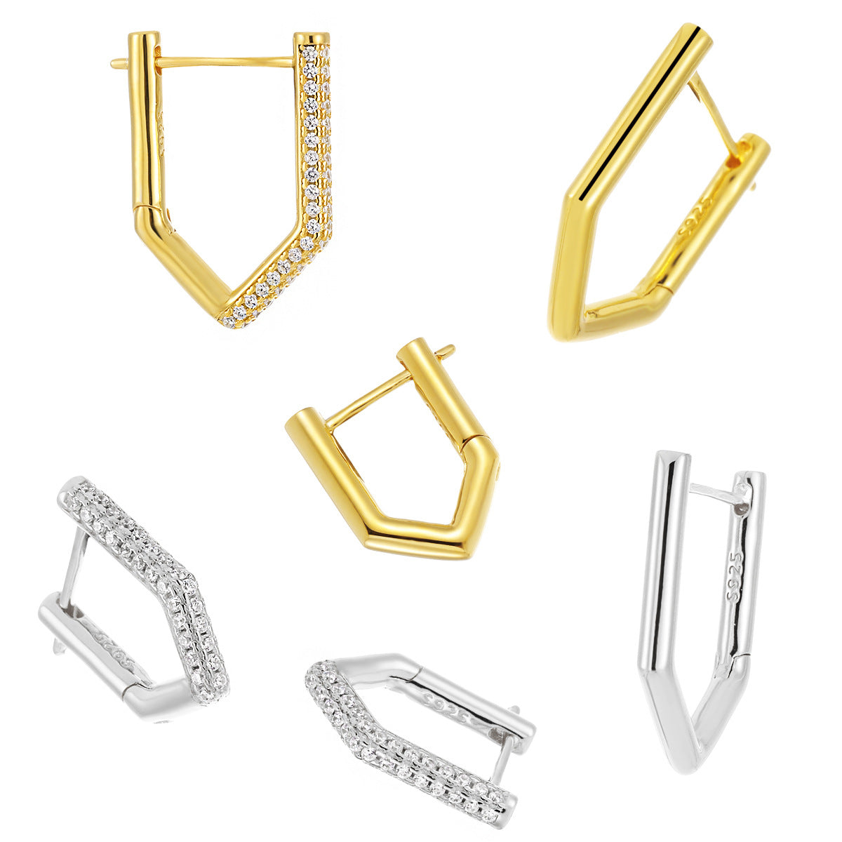 Office CZ Geometry Pentagon 925 Sterling Silver Hoop Earrings