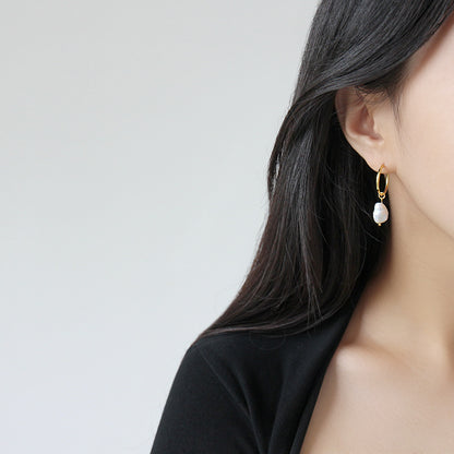 S925 pure silver INS simple temperament geometric Baroque freshwater pearl women's earrings