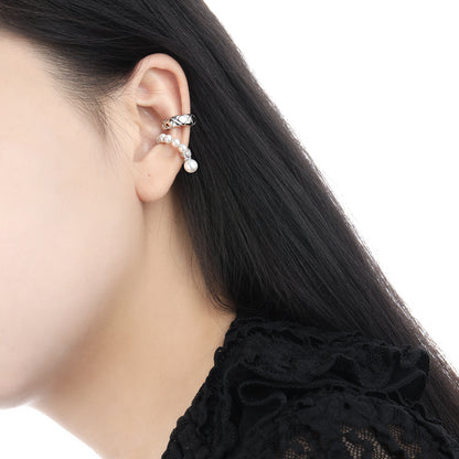 Women Elegant Quilting Pattern Shell Pearls 925 Sterling Silver Non-Pierced Earring(Single)