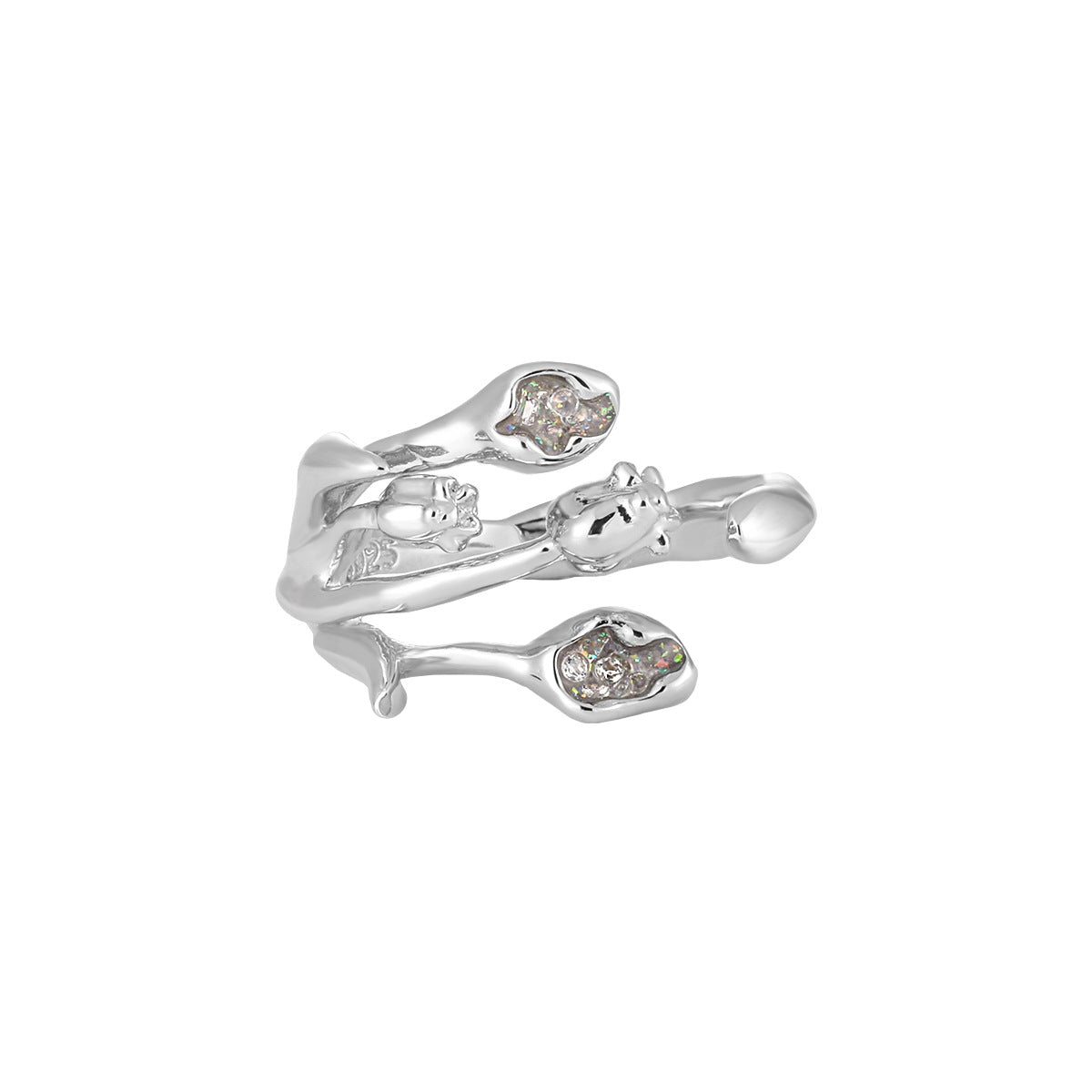 Beautiful CZ Tulip Flowers Bouquet 925 Sterling Silver Adjustable Ring