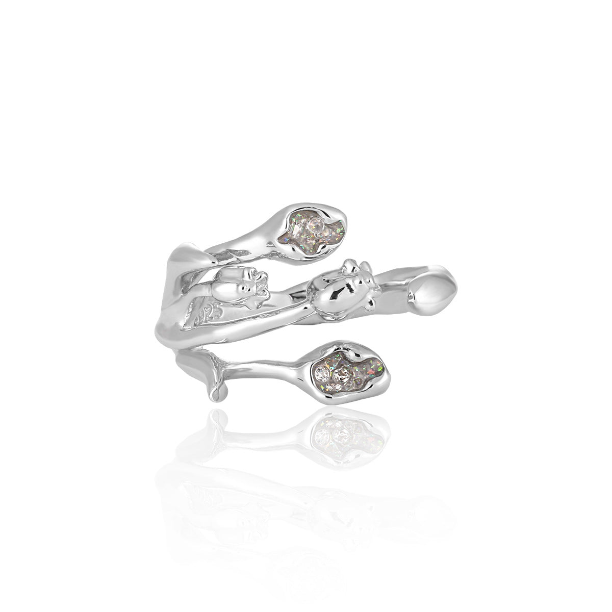 Beautiful CZ Tulip Flowers Bouquet 925 Sterling Silver Adjustable Ring