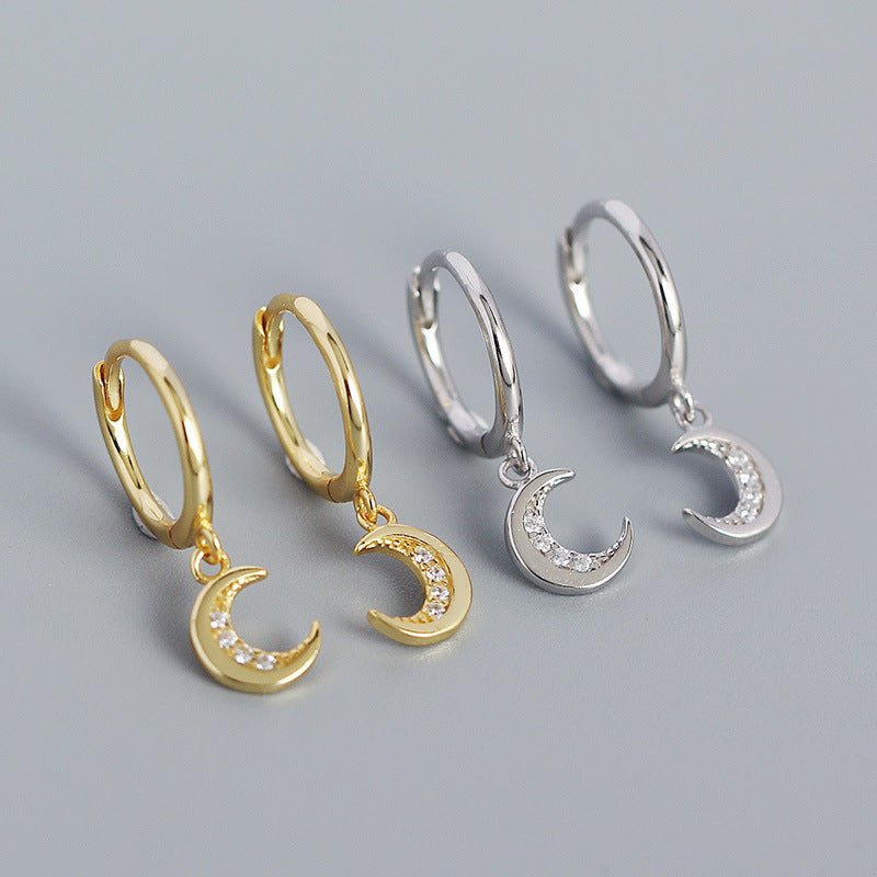 Mindful CZ Crescent Moon 925 Sterling Silver Hoop Earrings