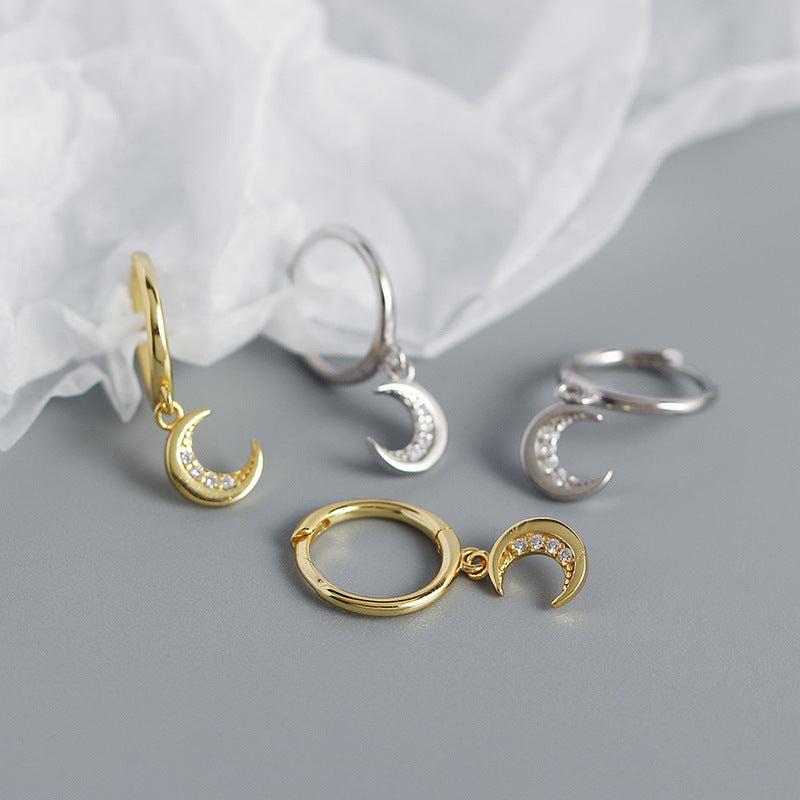 Mindful CZ Crescent Moon 925 Sterling Silver Hoop Earrings