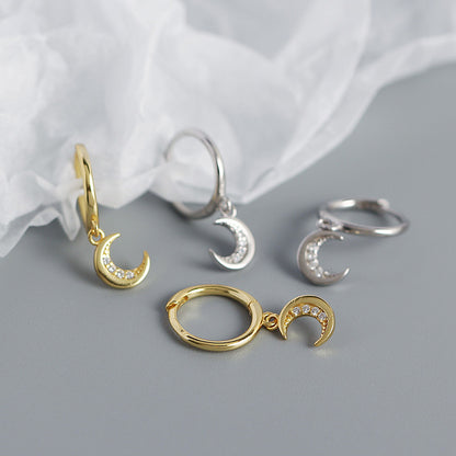 Mindful CZ Crescent Moon 925 Sterling Silver Hoop Earrings