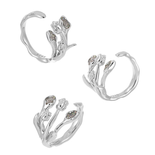 Beautiful CZ Tulip Flowers Bouquet 925 Sterling Silver Adjustable Ring