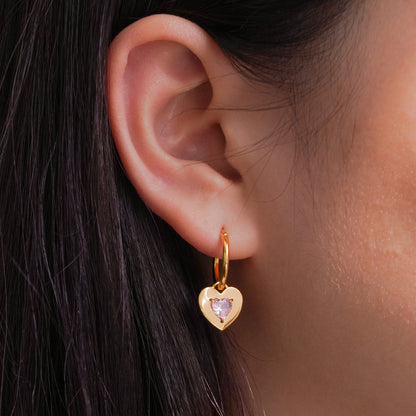 Mindful Two Sides wearing styles Pink CZ Heart Love 925 Sterling Silver Hoop Earrings