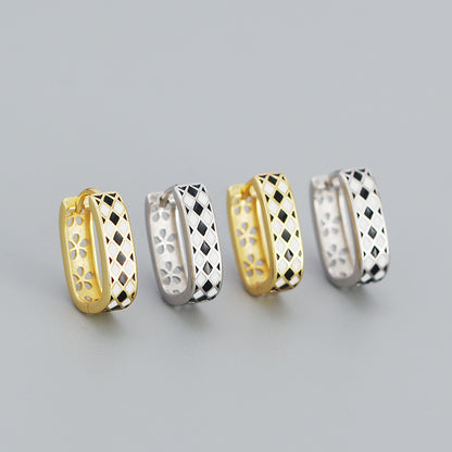 Modern Geometry Black & White Chess Board 925 Sterling Silver Huggie Hoop Earrings