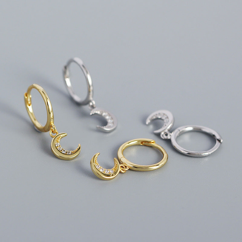 Mindful CZ Crescent Moon 925 Sterling Silver Hoop Earrings