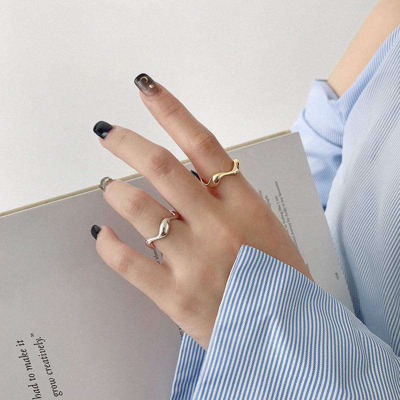 stacked silver ring INS minimalist irregular wavy smooth S925 pure silver open ring for women