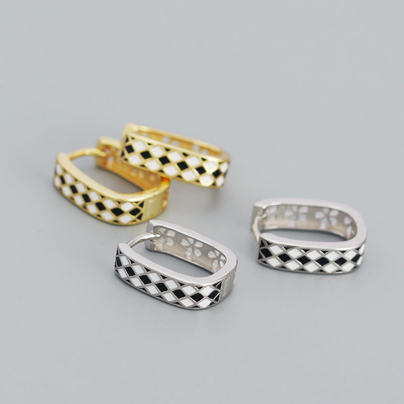 Modern Geometry Black & White Chess Board 925 Sterling Silver Huggie Hoop Earrings