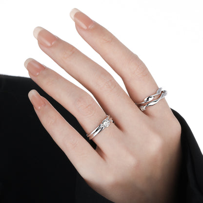 Simple Double Layers Four Claws Cubic Zirconia 925 Sterling Silver Adjustable Ring