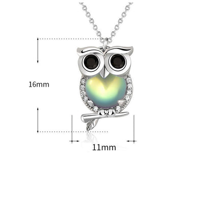 Cute Natural Moonstone CZ Owl 925 Sterling Silver Necklace
