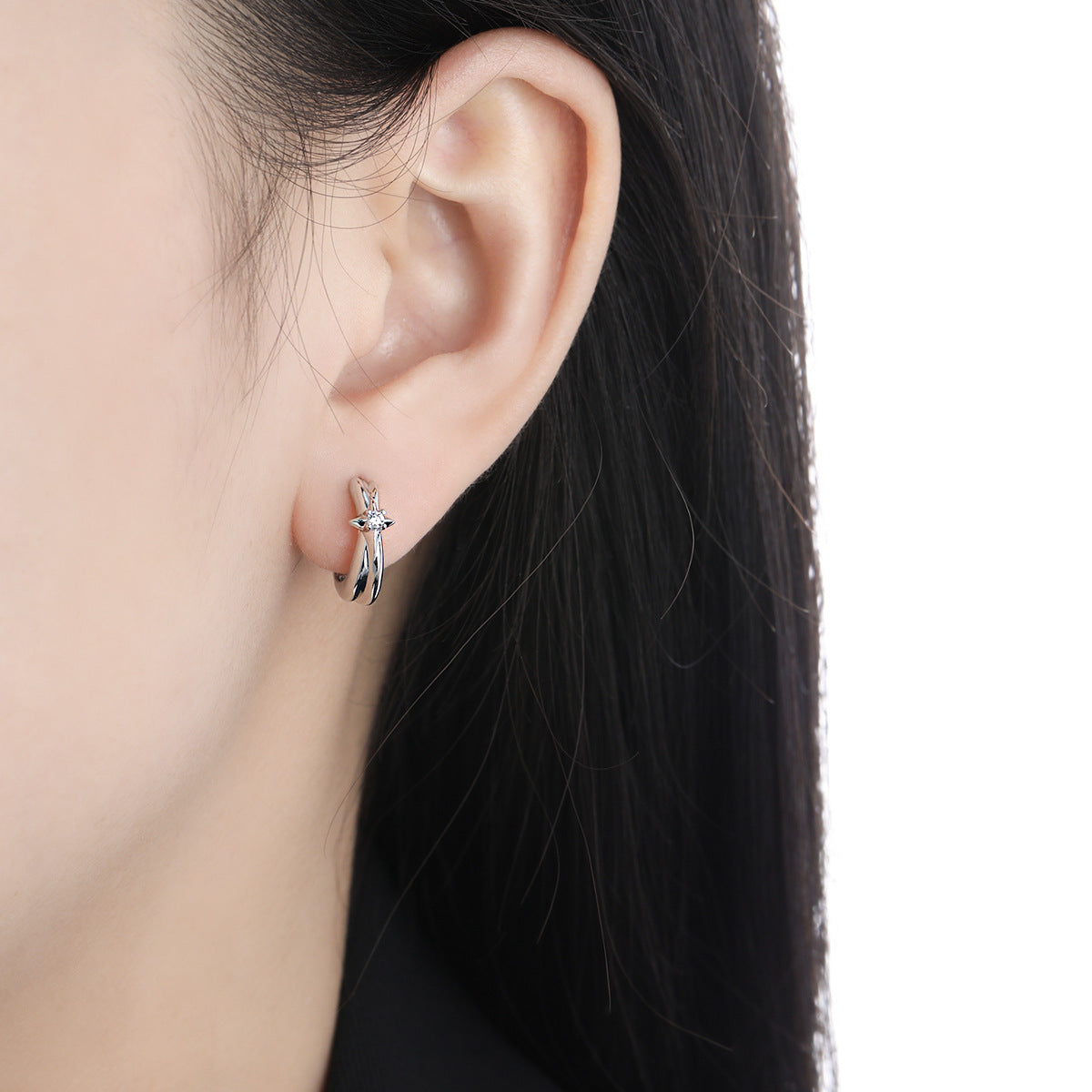Graduation Simple CZ Shining Star 925 Sterling Silver Hoop Earrings