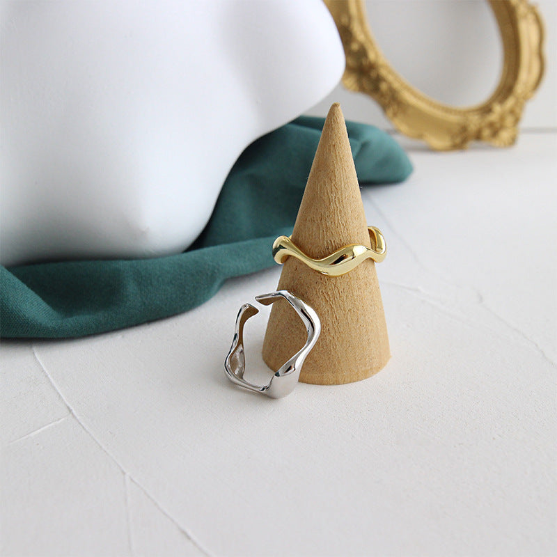 stacked silver ring INS minimalist irregular wavy smooth S925 pure silver open ring for women