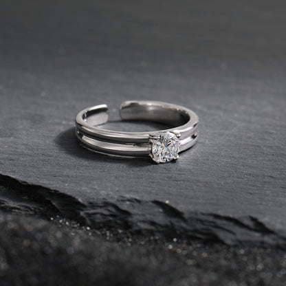 Simple Double Layers Four Claws Cubic Zirconia 925 Sterling Silver Adjustable Ring