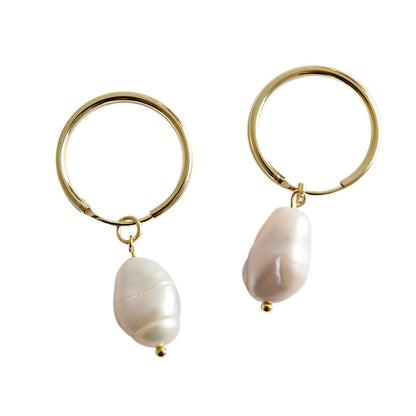 S925 pure silver INS simple temperament geometric Baroque freshwater pearl women's earrings