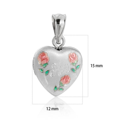 Gift Red Rose Flower Mother's Day Heart 925 Sterling Silver Locket Necklace Pendant