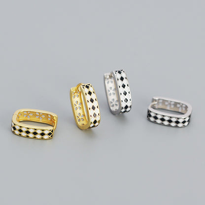 Modern Geometry Black & White Chess Board 925 Sterling Silver Huggie Hoop Earrings