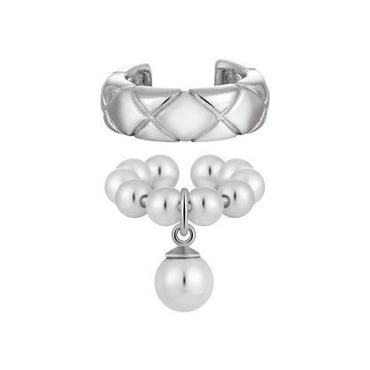 Women Elegant Quilting Pattern Shell Pearls 925 Sterling Silver Non-Pierced Earring(Single)