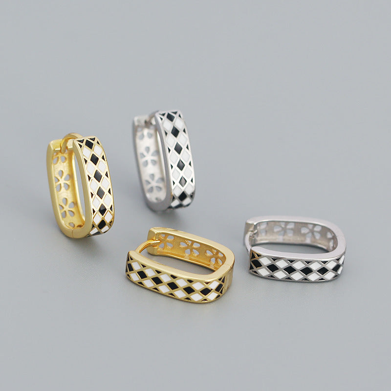 Modern Geometry Black & White Chess Board 925 Sterling Silver Huggie Hoop Earrings