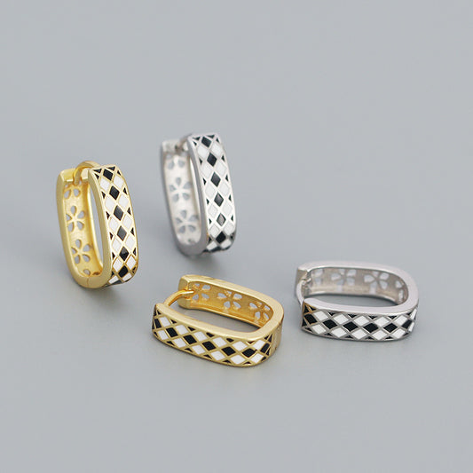 Modern Geometry Black & White Chess Board 925 Sterling Silver Huggie Hoop Earrings