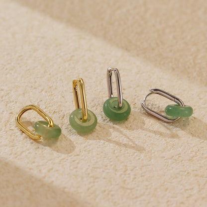 Elegant Natural Green Aventurine Ping Buckle 925 Sterling Silver Hoop Earrings