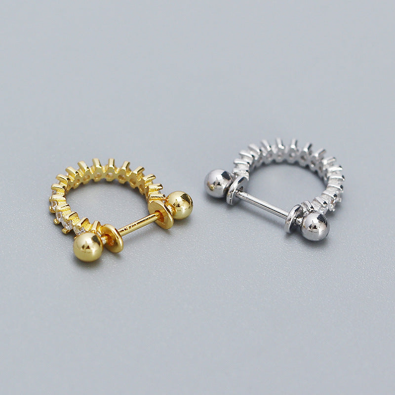 Classic Shining CZ Irregular Rivet 925 Sterling Silver Hoop Earring (Single)